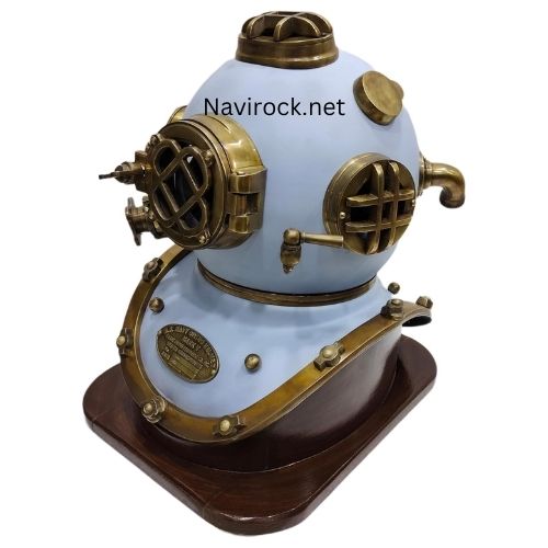 Maritime Collectible Diving Helmet  Handcrafted Blue & Brass Mark V Navy Diver Helmet with Wooden Display Base