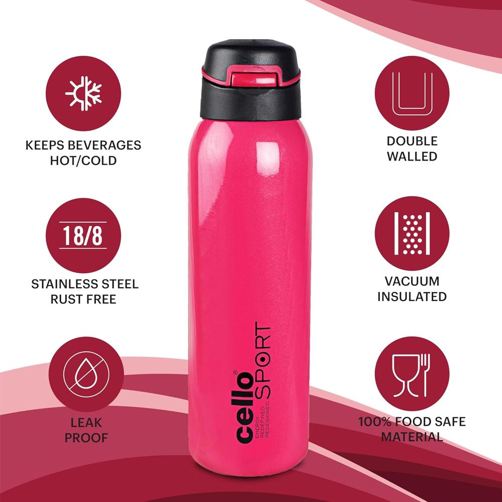 Cello Gym Star Thermosteel Flask, 650ml, Red | 24 Hours Hot and Cold Flask | Leak Proof | Office Bottle | Sports | Home | Kitchen | Hiking | Treking | Travel
