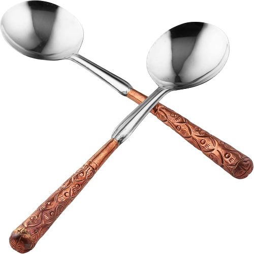 SERVING SPOON ENGRAVED-La Coppera Chevron Pure Copper Handle Rice / Table Serving Spoon