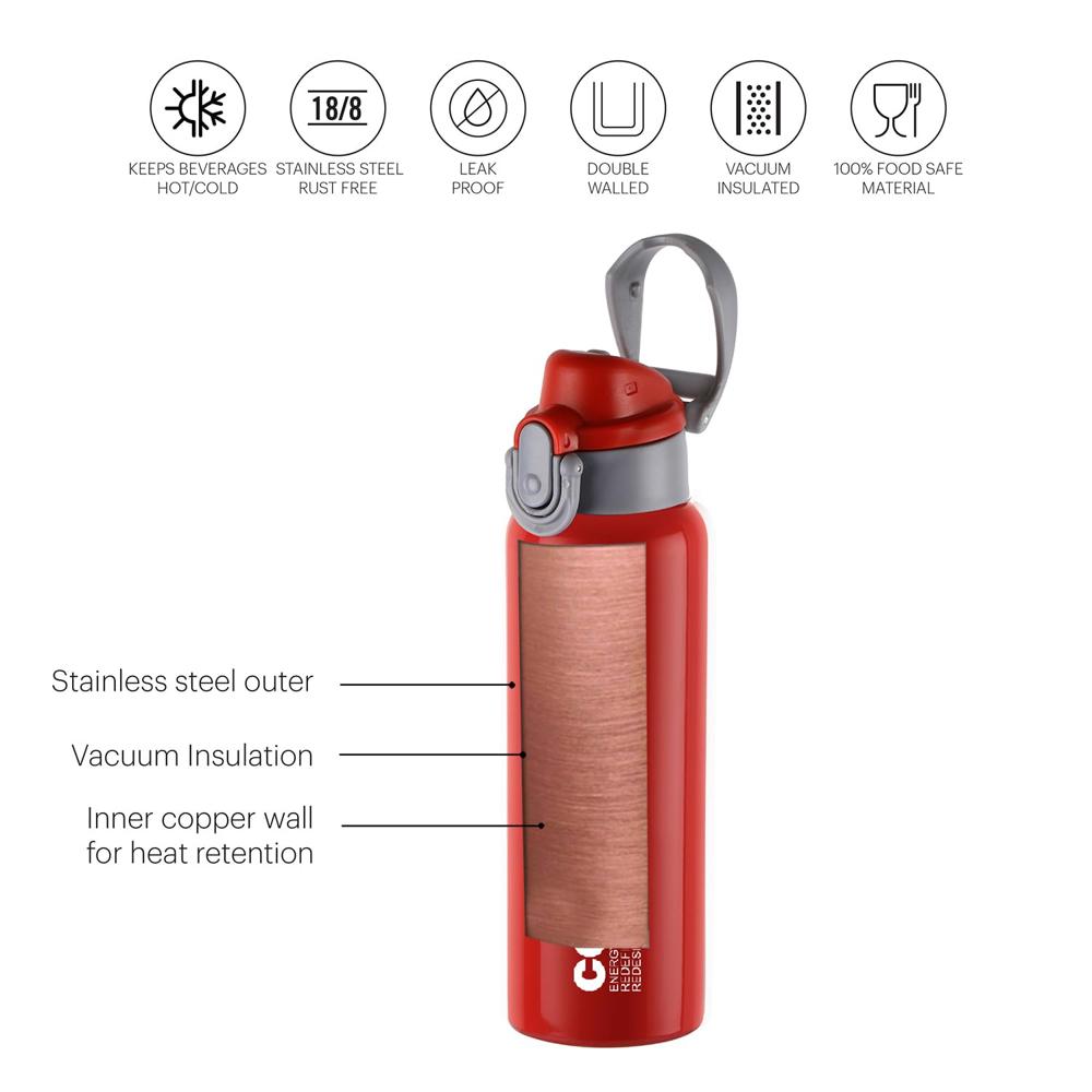 CELLO Punch Insulated Stainless Steel 24 Hours Hot & Cold Flask For Biking & Gym 600ml, Red | Double Wall Insulated Easy Push Open Lid Leakproof Spillproof Flask Water Bottle For Fitness Travel Office