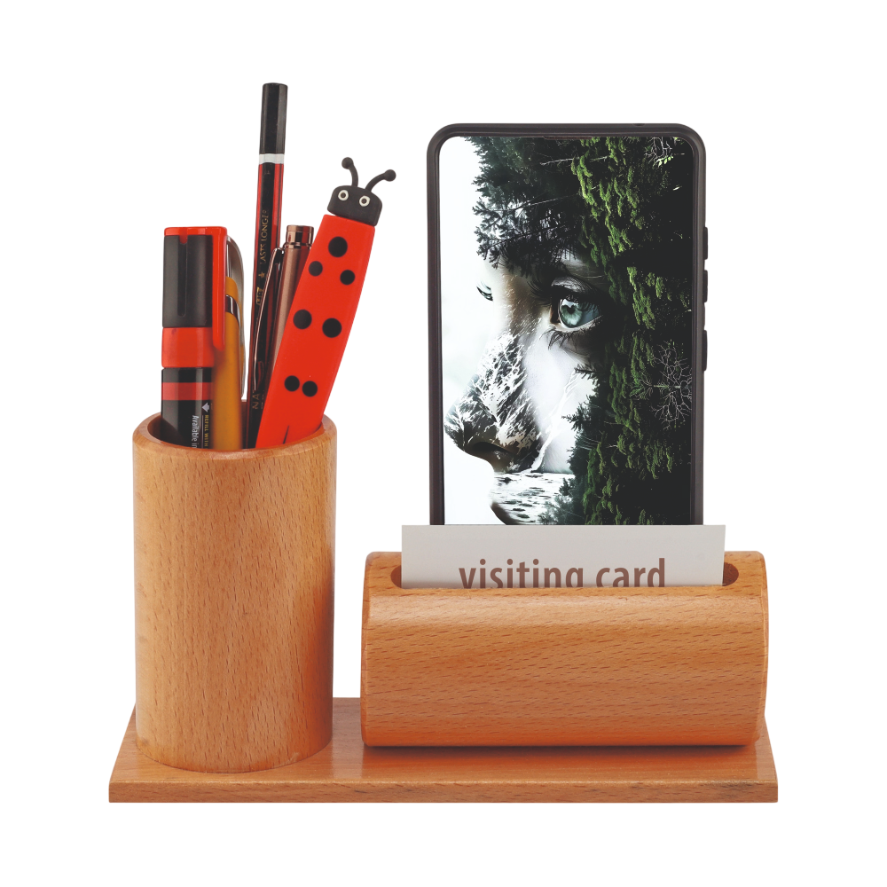 Wooden Mobile Stand with Card Holder & Pen Stand