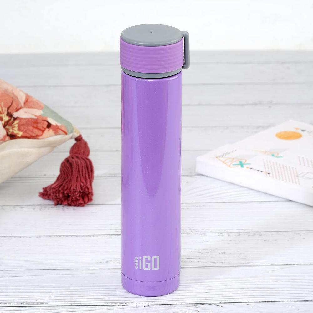 Cello iGo Stainless Steel Double Walled Insulated Flask | Leak Proof Flask for Beverages | Thermo Seal Technology | Ideal for Home, Travel, Office | 280ml, Purple