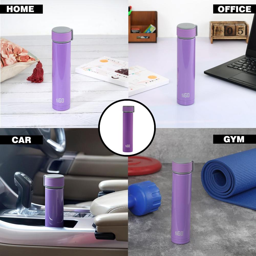Cello iGo Stainless Steel Double Walled Insulated Flask | Leak Proof Flask for Beverages | Thermo Seal Technology | Ideal for Home, Travel, Office | 280ml, Purple