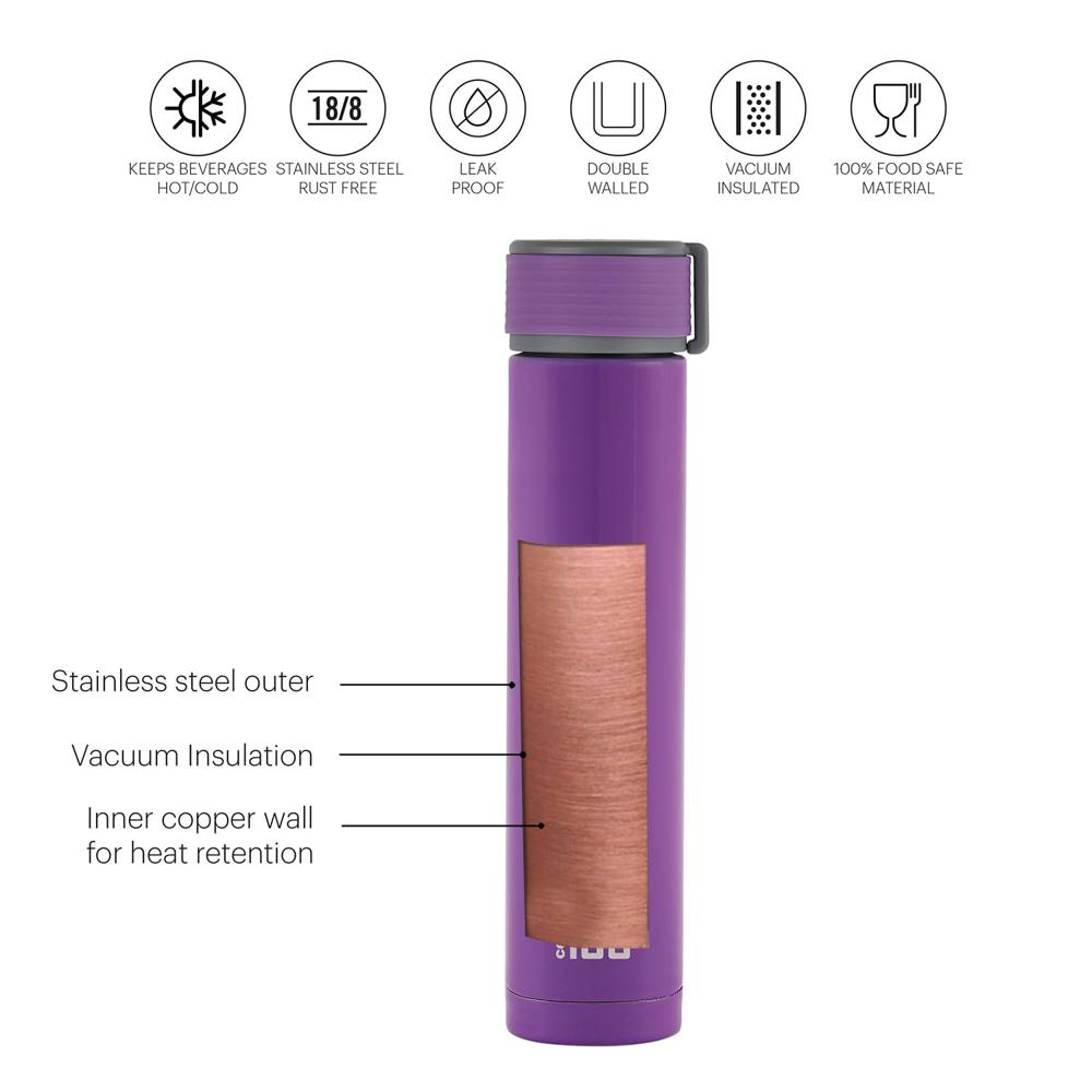 Cello iGo Stainless Steel Double Walled Insulated Flask | Leak Proof Flask for Beverages | Thermo Seal Technology | Ideal for Home, Travel, Office | 280ml, Purple