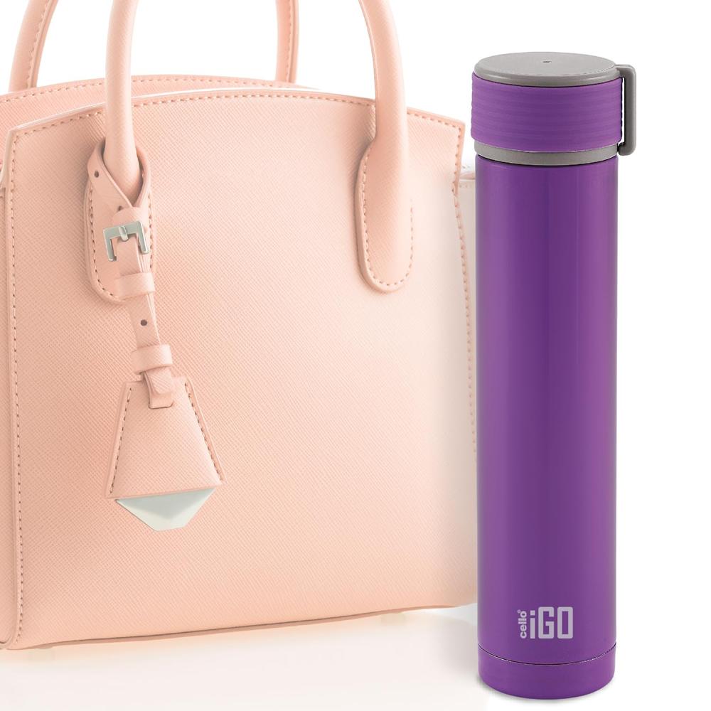 Cello iGo Stainless Steel Double Walled Insulated Flask | Leak Proof Flask for Beverages | Thermo Seal Technology | Ideal for Home, Travel, Office | 280ml, Purple