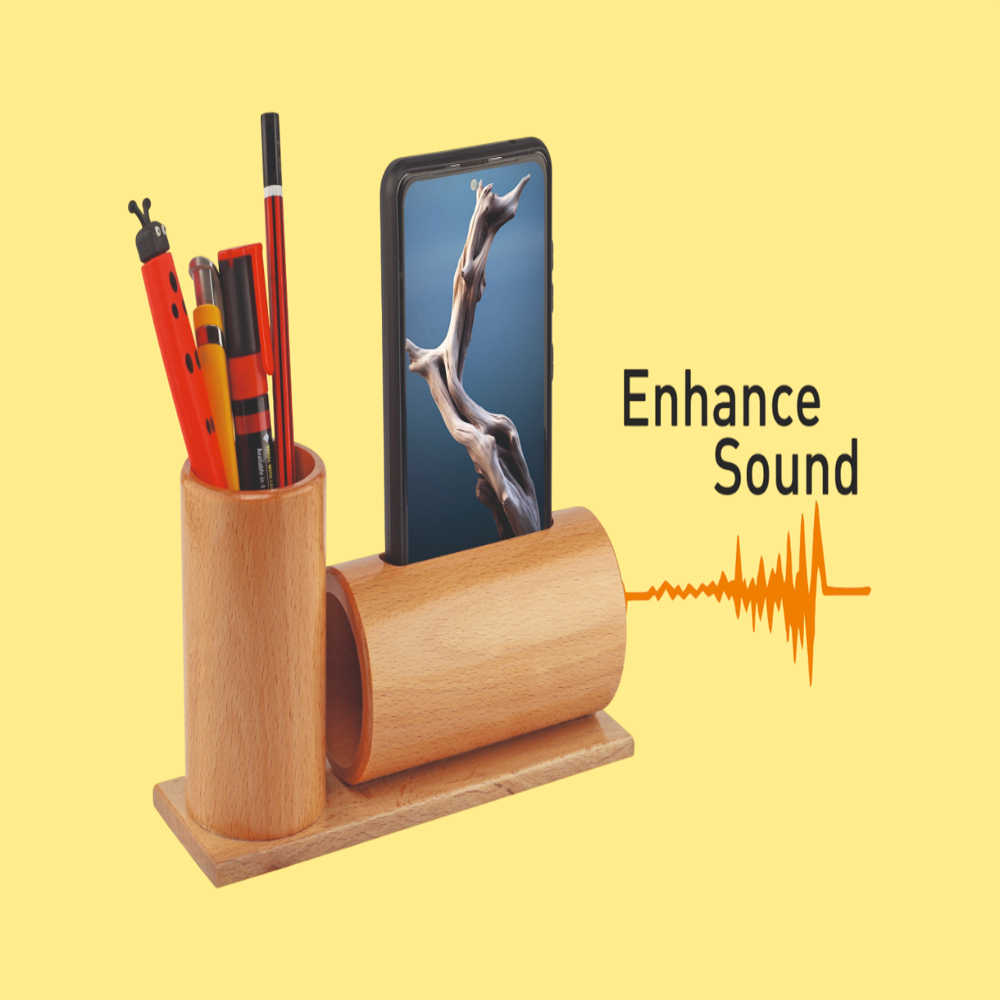 Bamboo Wooden Pen Stand with Sound Amplifier Mobile Stand