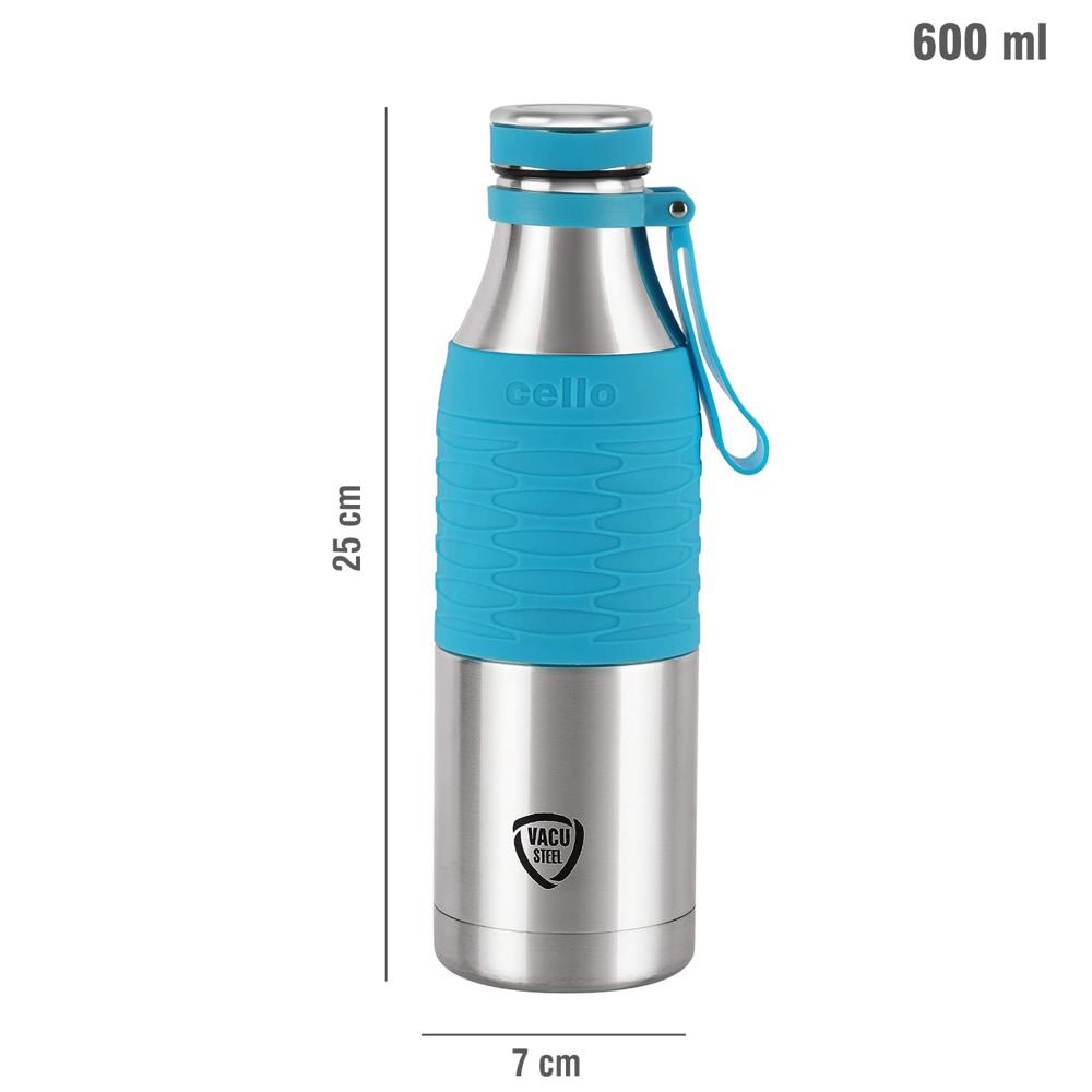 Cello Grip Max Vacuum Insulated Flask | Hot and Cold Water Bottle with Anti-Slip Grip | Double Walled Sports Bottle for Travel, Home, Office, School | 600ml, Blue