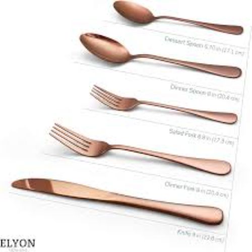 Cutlery 8 Sets- La Coppera Pure Copper Plain Finished Cutlery Set - Color: Coper