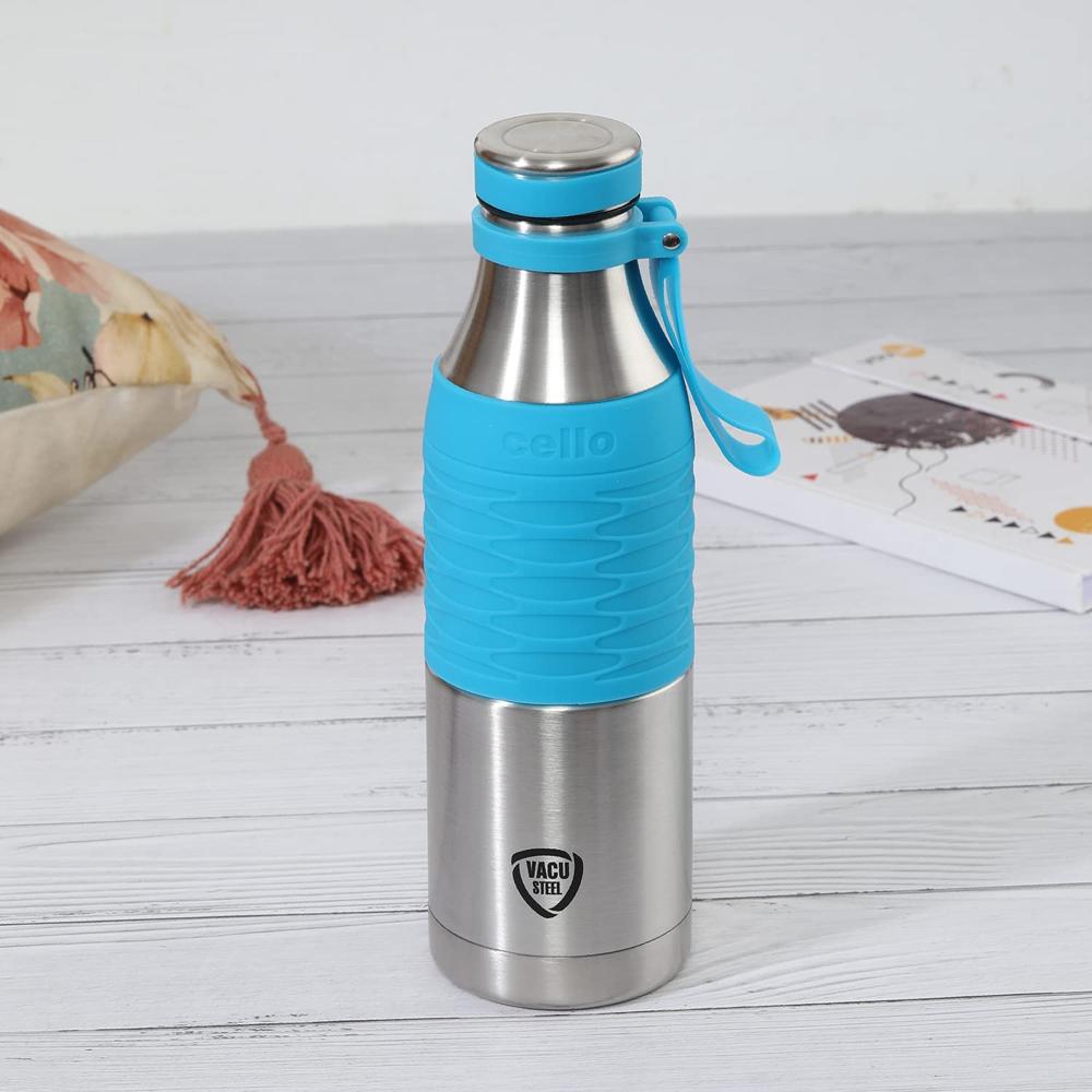 Cello Grip Max Vacuum Insulated Flask | Hot and Cold Water Bottle with Anti-Slip Grip | Double Walled Sports Bottle for Travel, Home, Office, School | 900ml, Blue
