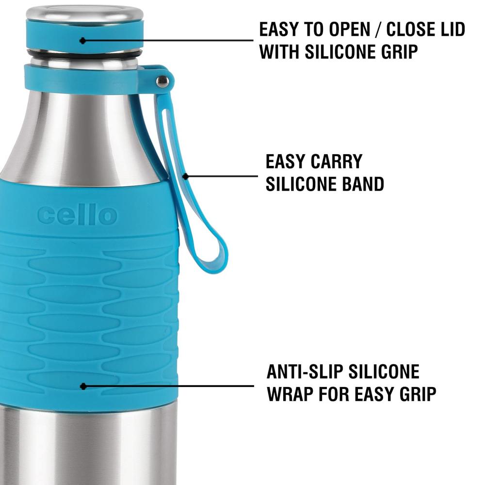 Cello Grip Max Vacuum Insulated Flask | Hot and Cold Water Bottle with Anti-Slip Grip | Double Walled Sports Bottle for Travel, Home, Office, School | 900ml, Blue