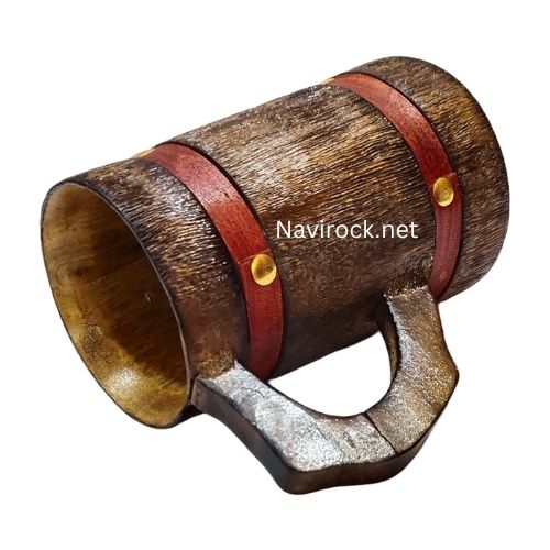Vintage Mango Wood  Mug Handmade Rustic Tankard With Leather Strap Binding Made Up Of Wood Eco Friendly - Color: Brown