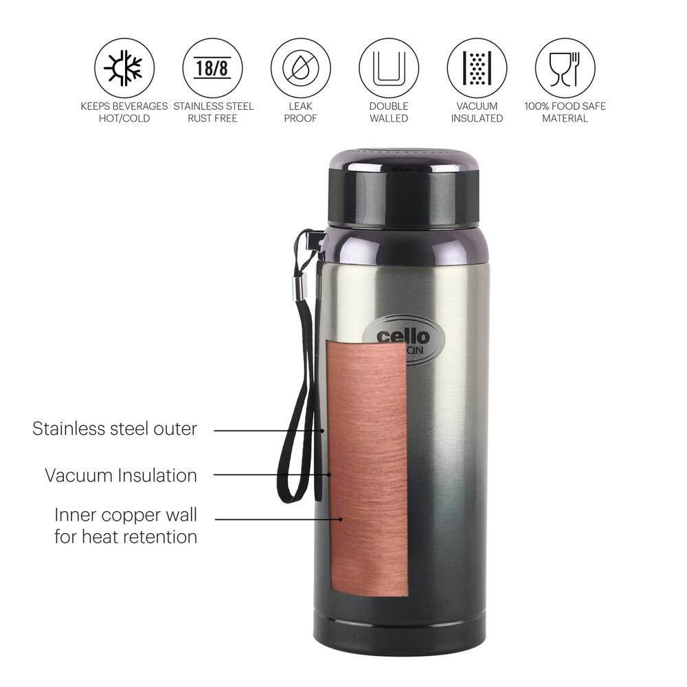 Cello Baron Insulated Flask | Hot and Cold Stainless Steel Water Bottle | Double Walled Carry Flask for Travel, Home, Office, School | 800ml, Grey