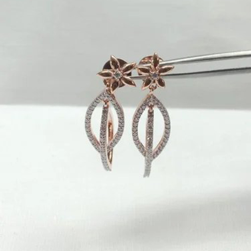 Hanging Diamond Earring - Rose Gold, 1 Inch, Polished Finish | Pave Setting, Post Closure For Evening Wear And Special Occasions