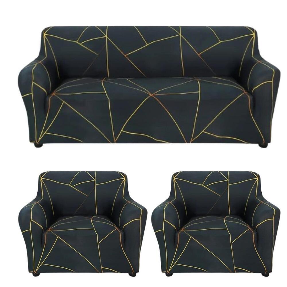 Velvet Sofa Cover - Stretchable Woven Velvet, Three-Seater, Black with Multicolor Geometric Lines | Wrinkle-Resistant, Universal Fit, Machine Washable