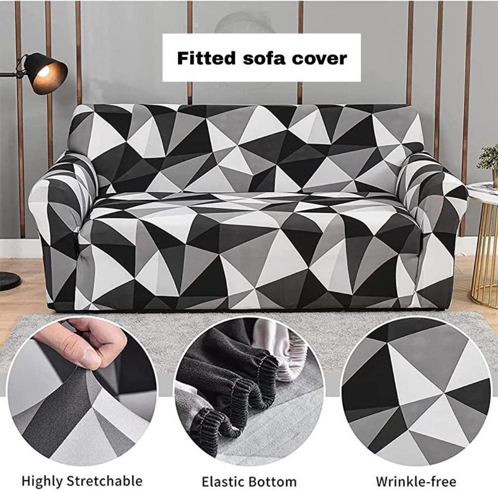 Velvet Sofa Cover - Stretchable Woven Velvet, Three-seater, Black With Multicolor Geometric Lines | Wrinkle-resistant, Universal Fit, Machine Washable