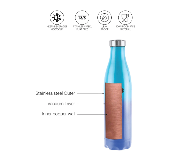 Cello COLOURMATE VACUSTEEL , 24 HRS HOT N COLD BPA FREE 1100 ml Steel Bottle