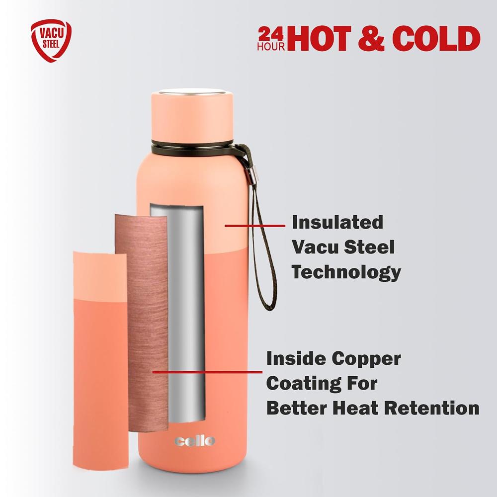 Cello Neo Kent Thermosteel Flask, 900ml, Peach | 24 Hours Hot and Cold Stainless Steel Bottle | Flask for Tea Coffee | Ideal for Office, Gym, Home, Kitchen, Hiking, Travel Bottle