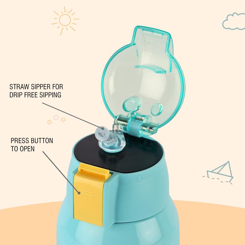 CELLO Kidzbee Kido Insulated Stainless Steel Kids Flask with Bag 500 ml, Green | Hot & Cold Vacuum Insulated Push Button Open Leakproof Kids Toddler Boy Girl Sipper Water Bottle For School & Daily Use