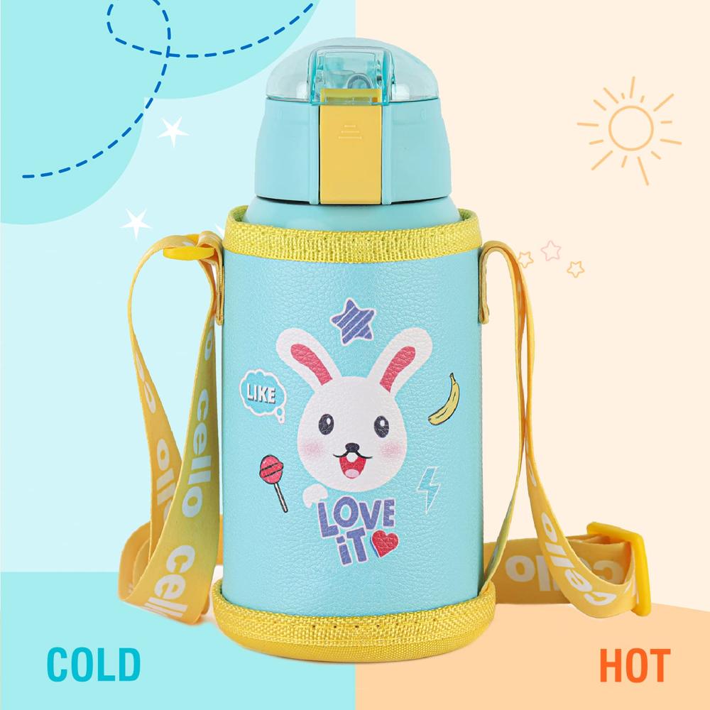 CELLO Kidzbee Kido Insulated Stainless Steel Kids Flask with Bag 500 ml, Green | Hot & Cold Vacuum Insulated Push Button Open Leakproof Kids Toddler Boy Girl Sipper Water Bottle For School & Daily Use