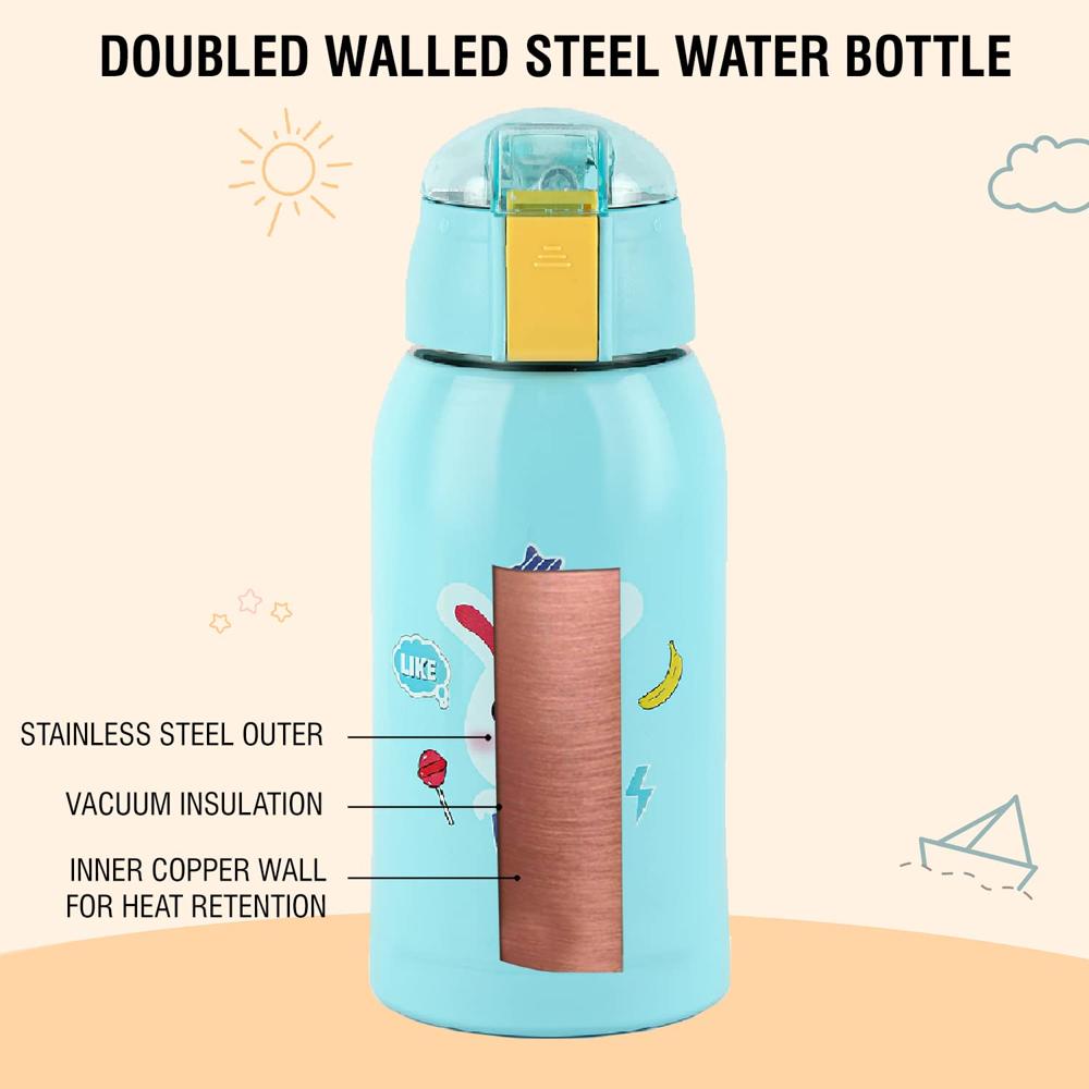 CELLO Kidzbee Kido Insulated Stainless Steel Kids Flask with Bag 500 ml, Green | Hot & Cold Vacuum Insulated Push Button Open Leakproof Kids Toddler Boy Girl Sipper Water Bottle For School & Daily Use