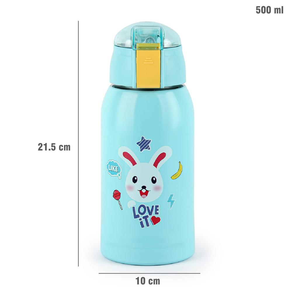 CELLO Kidzbee Kido Insulated Stainless Steel Kids Flask with Bag 500 ml, Green | Hot & Cold Vacuum Insulated Push Button Open Leakproof Kids Toddler Boy Girl Sipper Water Bottle For School & Daily Use