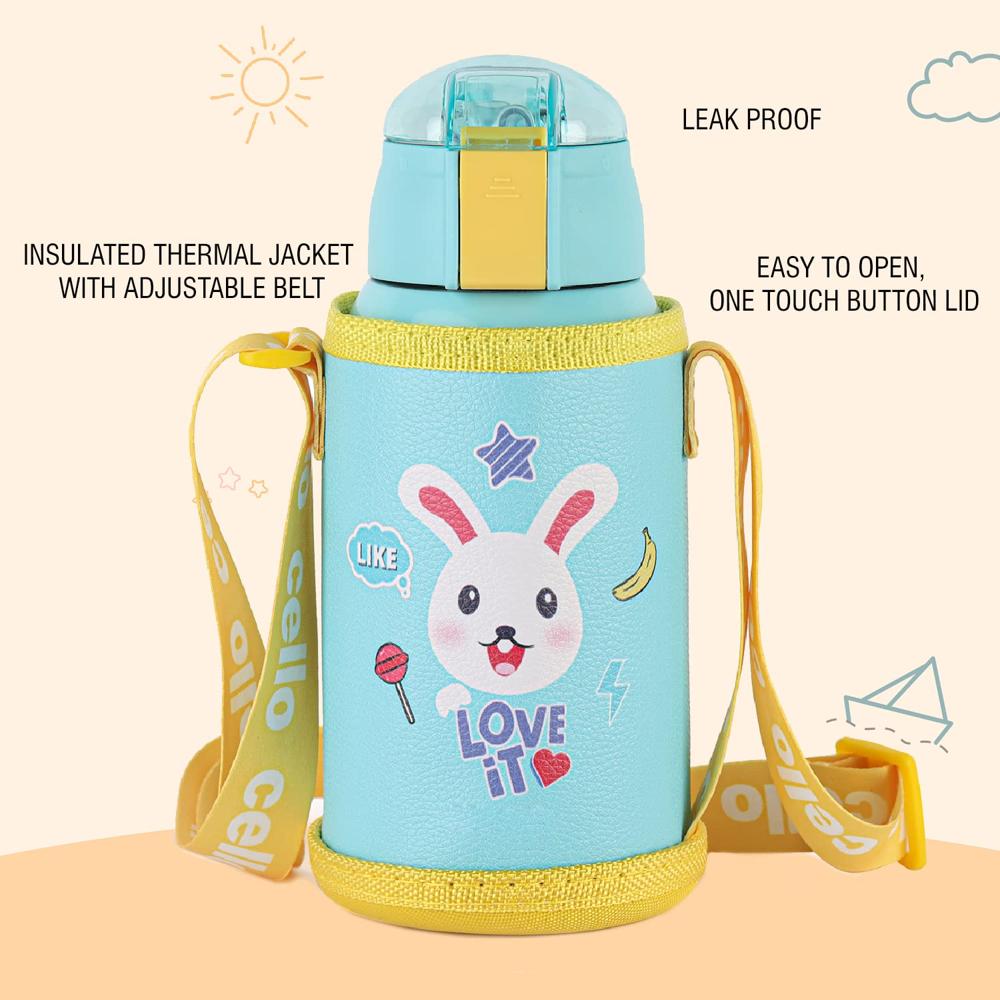 CELLO Kidzbee Kido Insulated Stainless Steel Kids Flask with Bag 500 ml, Green | Hot & Cold Vacuum Insulated Push Button Open Leakproof Kids Toddler Boy Girl Sipper Water Bottle For School & Daily Use