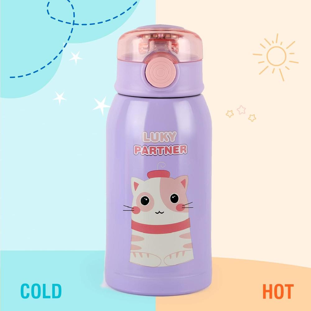 CELLO Kinder Hot & Cold Stainless Steel Kids Water Bottle | Double Wall Vaccum Insulation Flask |One Click Push Button to Open | Ideal for School, Sports, Picnics | 500ml, Purple