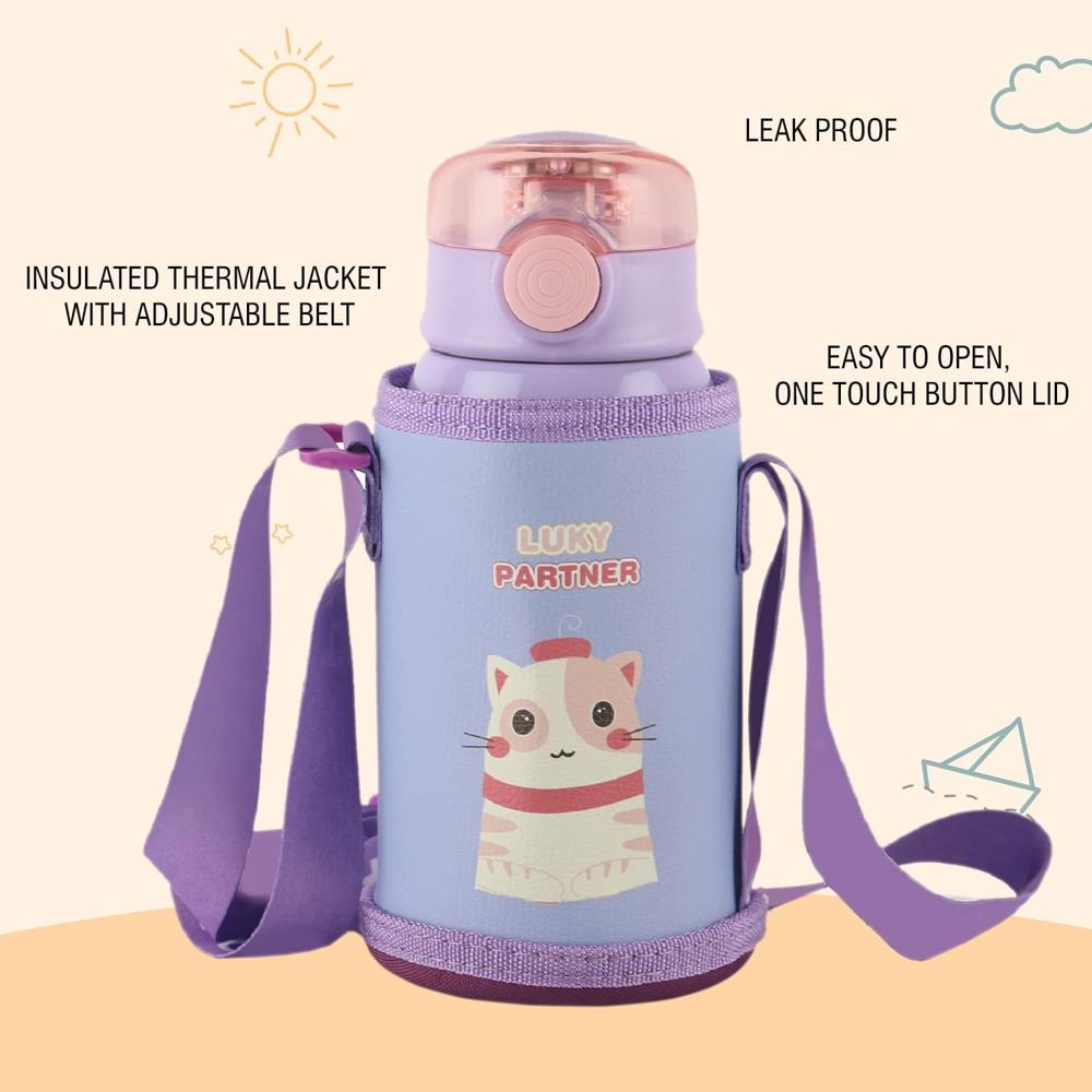 CELLO Kinder Hot & Cold Stainless Steel Kids Water Bottle | Double Wall Vaccum Insulation Flask |One Click Push Button to Open | Ideal for School, Sports, Picnics | 500ml, Purple