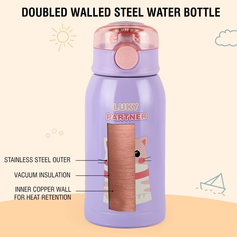CELLO Kinder Hot & Cold Stainless Steel Kids Water Bottle | Double Wall Vaccum Insulation Flask |One Click Push Button to Open | Ideal for School, Sports, Picnics | 500ml, Purple