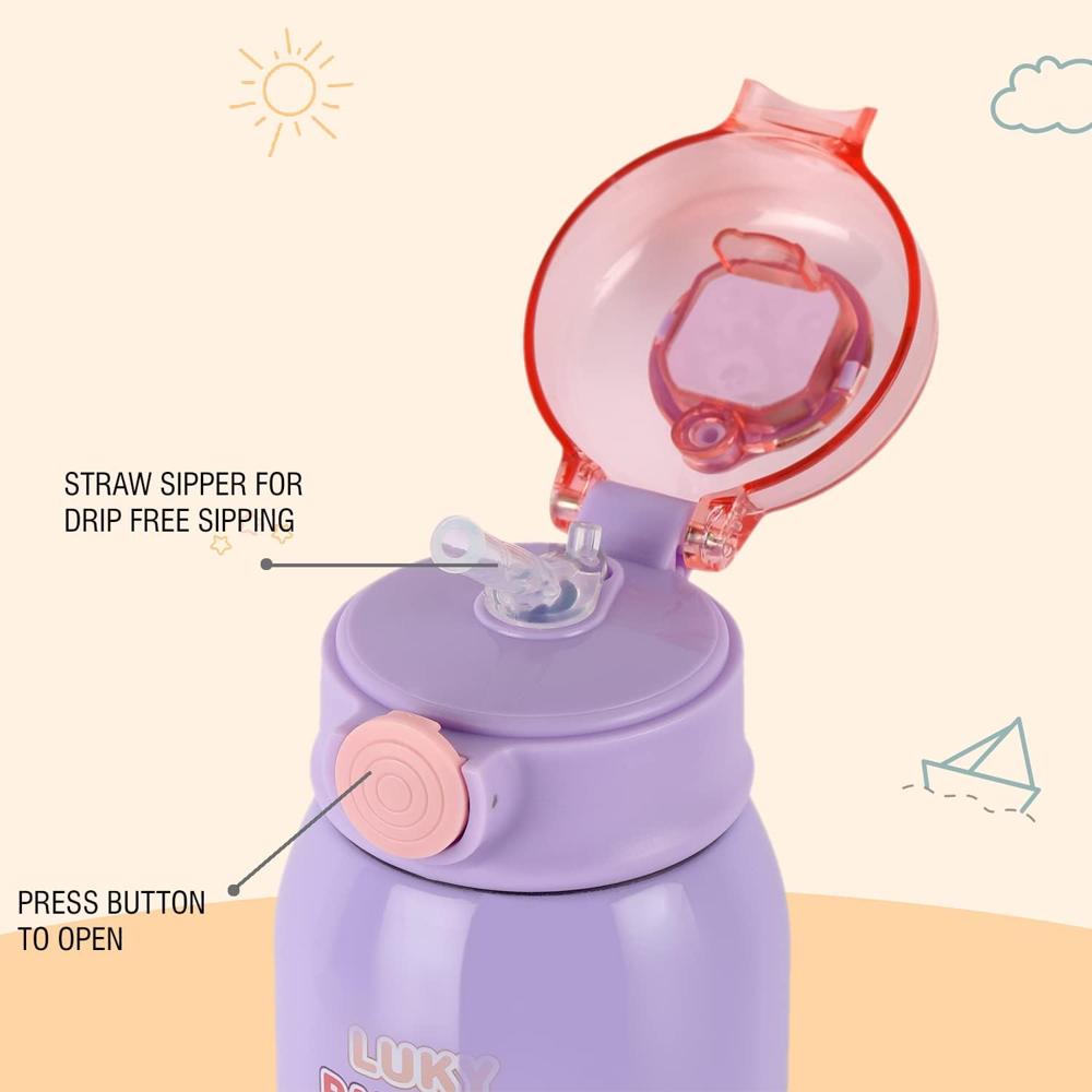 CELLO Kinder Hot & Cold Stainless Steel Kids Water Bottle | Double Wall Vaccum Insulation Flask |One Click Push Button to Open | Ideal for School, Sports, Picnics | 500ml, Purple