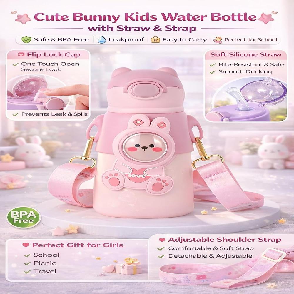 Cello Cartoon Water Bottle with Straw & Strap
