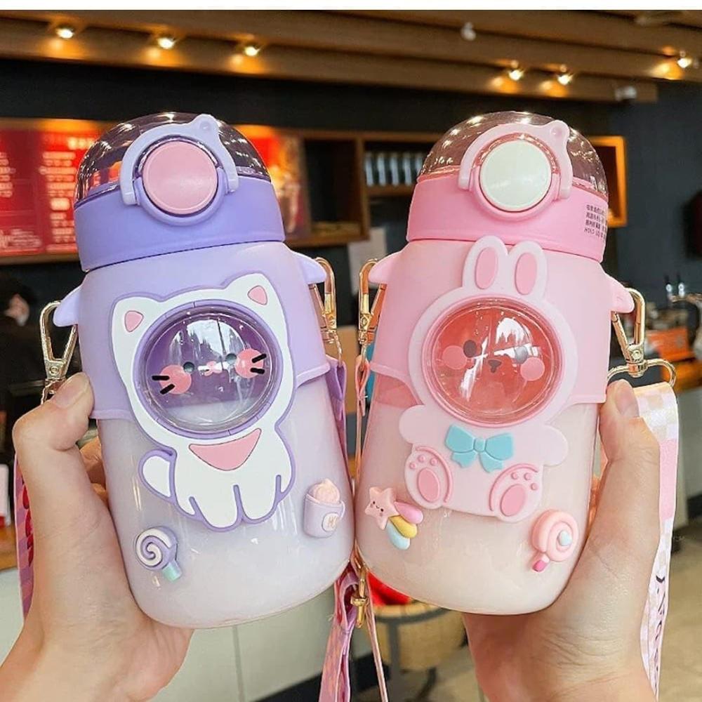 Cello Cartoon Water Bottle with Straw & Strap | Leakproof BPA-Free Sipper Bottle | Cute Cat & Bunny Design School Water Bottle for Girls & Boys | 550 ml