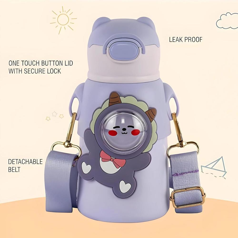 Cello Cartoon Water Bottle with Straw & Strap | Leakproof BPA-Free Sipper Bottle | Cute Cat & Bunny Design School Water Bottle for Girls & Boys | 550 ml