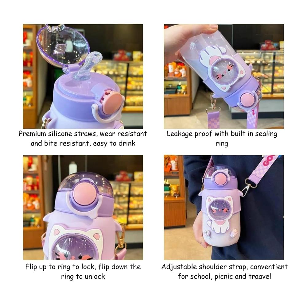 Cello Cartoon Water Bottle with Straw & Strap | Leakproof BPA-Free Sipper Bottle | Cute Cat & Bunny Design School Water Bottle for Girls & Boys | 550 ml