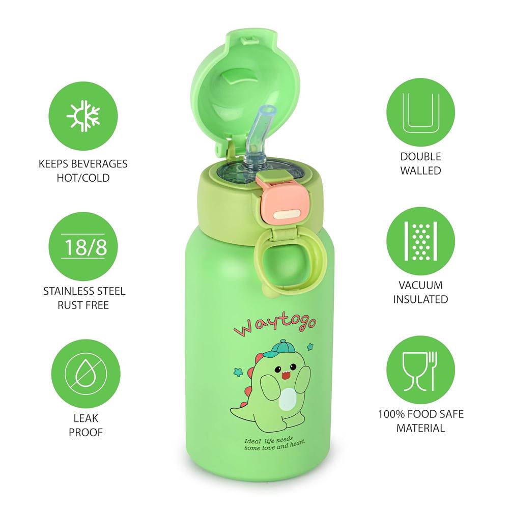 CELLO Kidzbee Babylop Insulated Stainless Steel Flask 500 ml Green | Vacuum Insulated Hot & Cold, Easy Press Open Leakproof & Rustproof, Easy to Carry with Loop Thermosteel Kids Flask Water Bottle