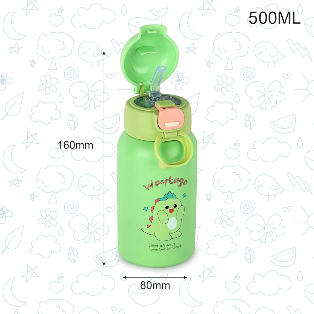 CELLO Kidzbee Babylop Insulated Stainless Steel Flask 500 ml Green | Vacuum Insulated Hot & Cold, Easy Press Open Leakproof & Rustproof, Easy to Carry with Loop Thermosteel Kids Flask Water Bottle