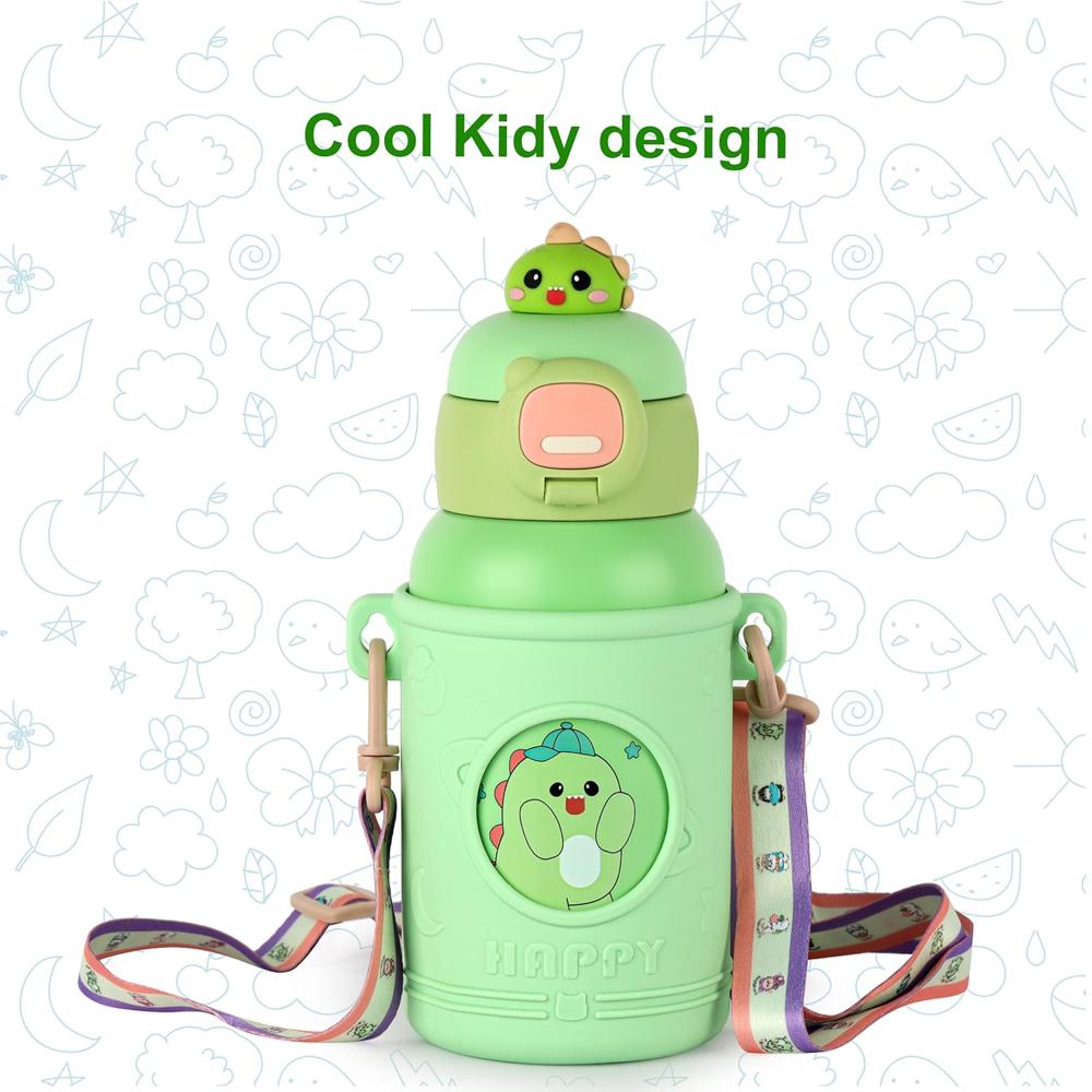 CELLO Kidzbee Babylop Insulated Stainless Steel Flask 500 ml Green | Vacuum Insulated Hot & Cold, Easy Press Open Leakproof & Rustproof, Easy to Carry with Loop Thermosteel Kids Flask Water Bottle