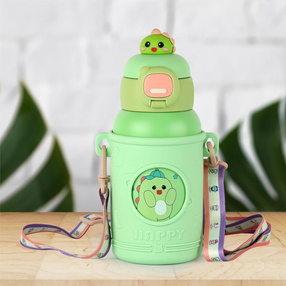 CELLO Kidzbee Babylop Insulated Stainless Steel Flask 500 ml Green | Vacuum Insulated Hot & Cold, Easy Press Open Leakproof & Rustproof, Easy to Carry with Loop Thermosteel Kids Flask Water Bottle