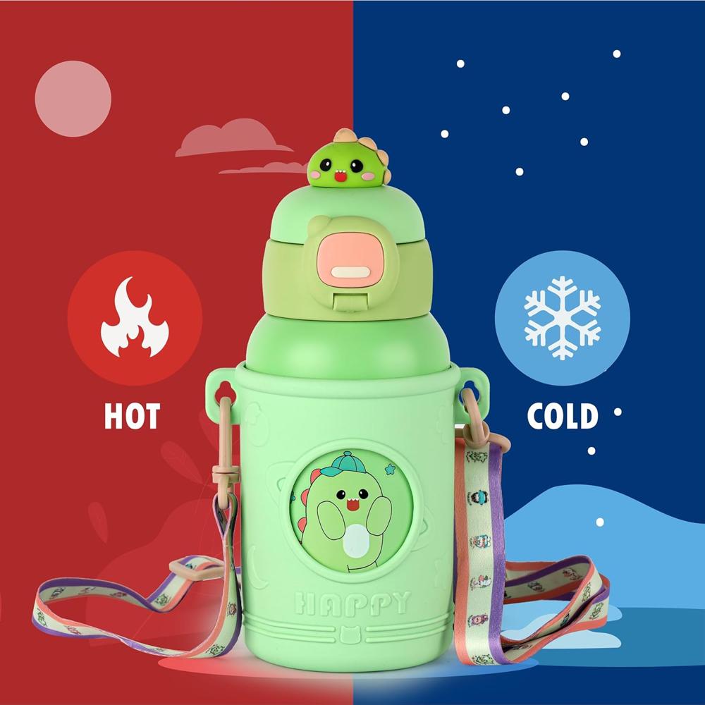 CELLO Kidzbee Babylop Insulated Stainless Steel Flask 500 ml Green | Vacuum Insulated Hot & Cold, Easy Press Open Leakproof & Rustproof, Easy to Carry with Loop Thermosteel Kids Flask Water Bottle