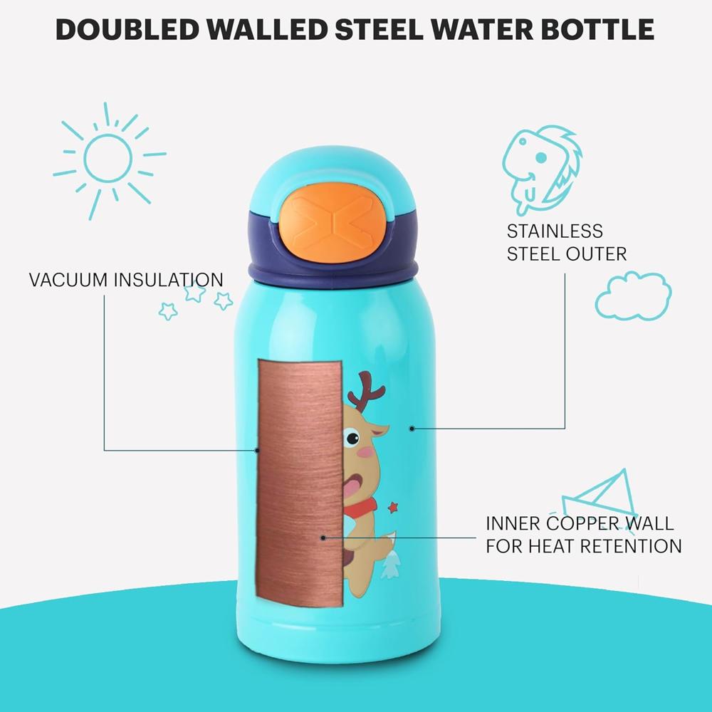 Cello Joytron Kids Flask | Stainless Steel Keeps Drinks Cool or hot for an Extra Long time | Double Walled Vacuum Insulated Technology | Leak Proof lid | 500ml, Blue