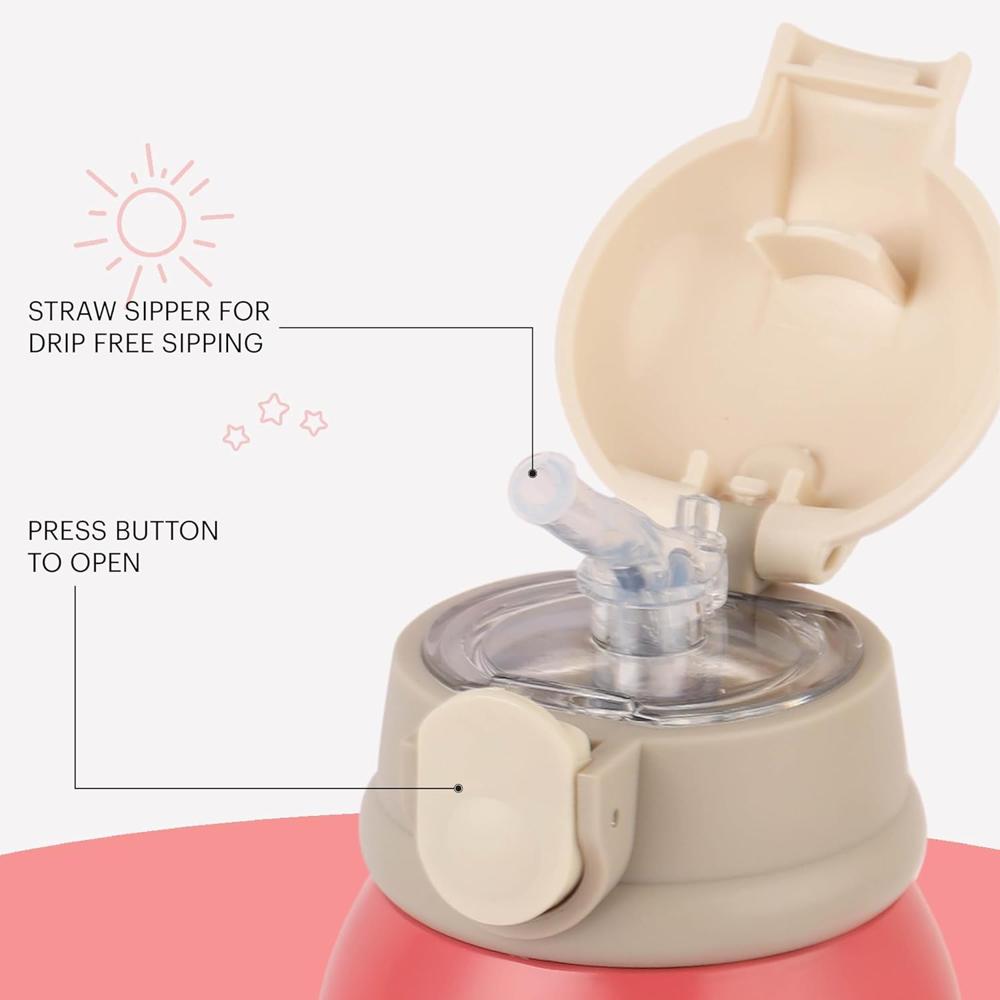 CELLO Kidzbee Popup Insulated Stainless Steel Sipper Kids Flask 500 ml, Peach | Double Wall Vacuum Insulated Hot & Cold Thermosteel Kids Flask Bottle | Leakproof Push Button Sipper Kids Flask Bottle