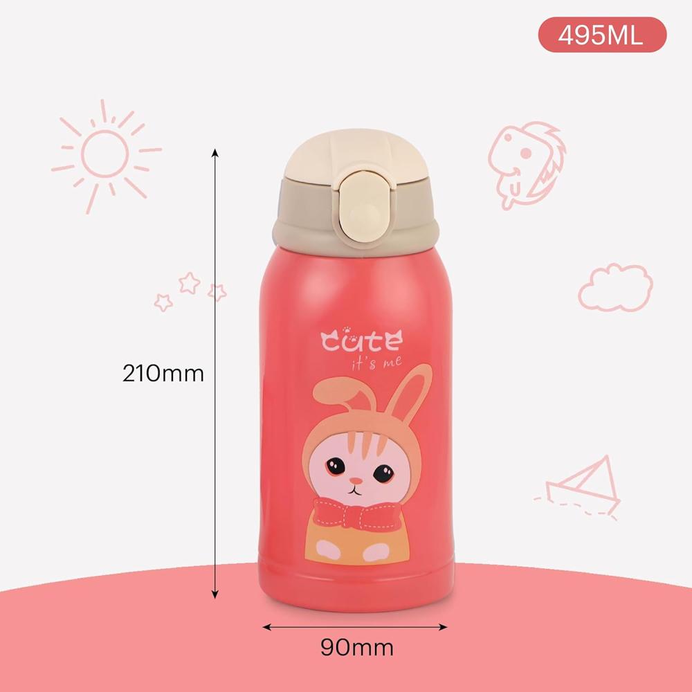 CELLO Kidzbee Popup Insulated Stainless Steel Sipper Kids Flask 500 ml, Peach | Double Wall Vacuum Insulated Hot & Cold Thermosteel Kids Flask Bottle | Leakproof Push Button Sipper Kids Flask Bottle