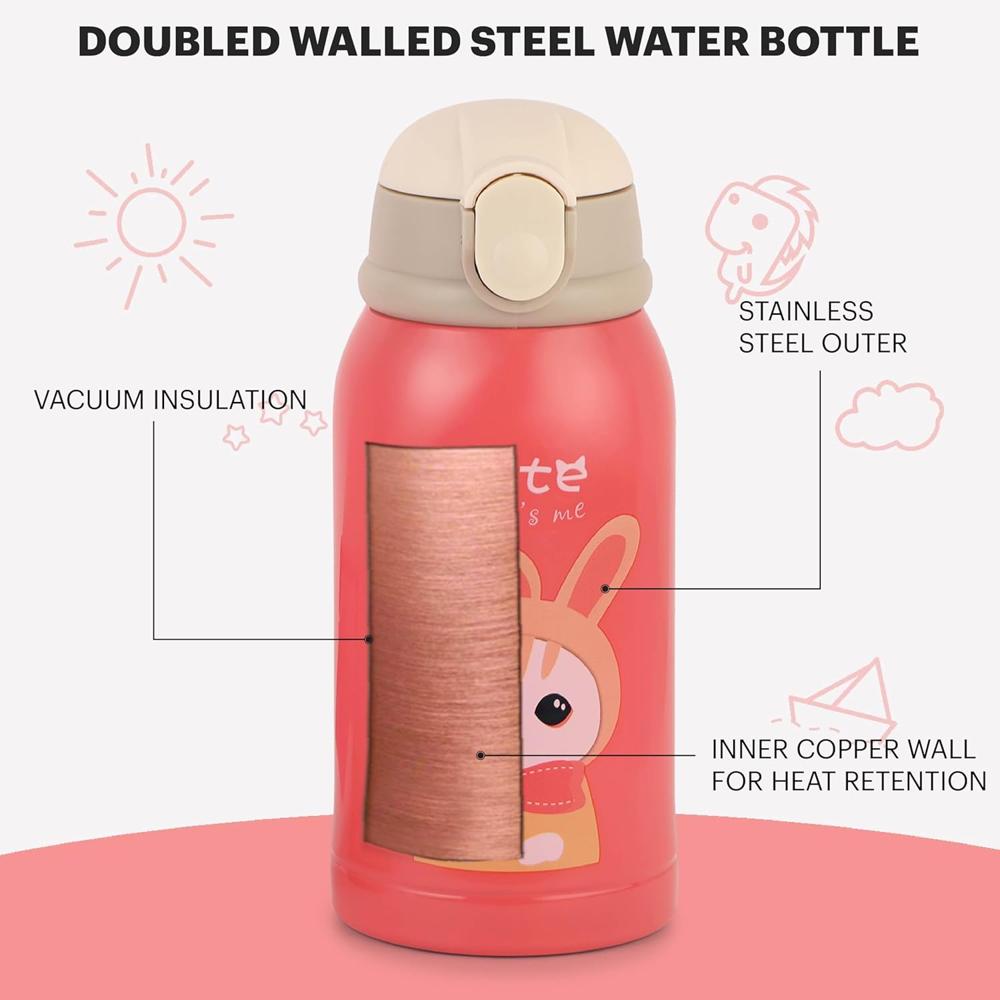 CELLO Kidzbee Popup Insulated Stainless Steel Sipper Kids Flask 500 ml, Peach | Double Wall Vacuum Insulated Hot & Cold Thermosteel Kids Flask Bottle | Leakproof Push Button Sipper Kids Flask Bottle