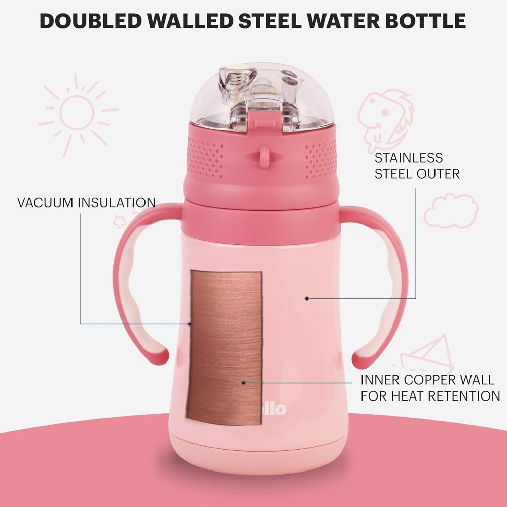 Cello Doodle Kids Flask | Stainless Steel Keeps Drinks Cool or hot for an Extra Long time | Double Walled Vacuum Insulated Technology | Leak Proof lid | 350 ml, Pink