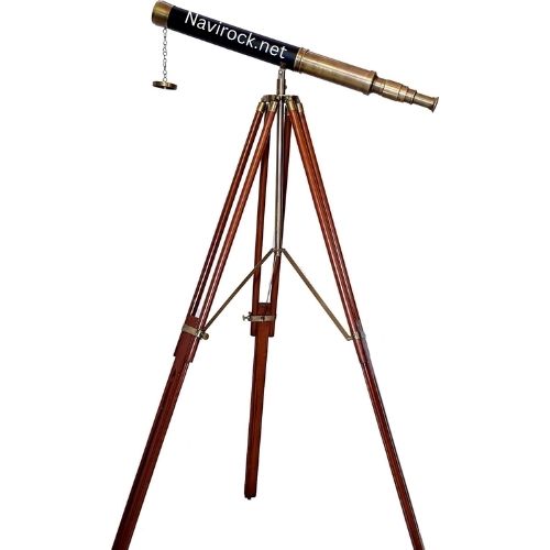 Vintage Brass Nautical Telescope with Wooden Tripod Stand, Black Leather Wrapped Spyglass, Floor Standing Maritime Decor, Antique Style Observation Scope for Living Room, Office & Study