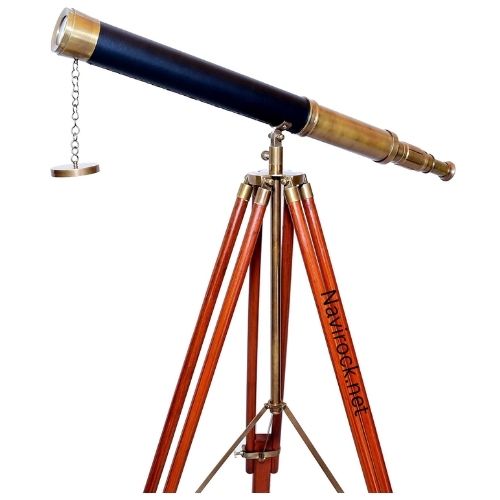 Vintage Brass Nautical Telescope with Wooden Tripod Stand, Black Leather Wrapped Spyglass, Floor Standing Maritime Decor, Antique Style Observation Scope for Living Room, Office & Study