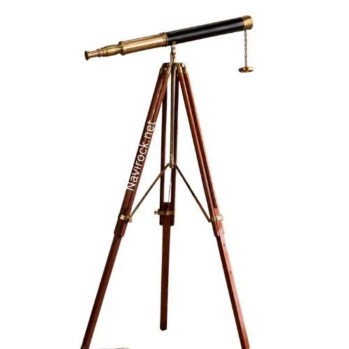Vintage Brass Nautical Telescope with Wooden Tripod Stand, Black Leather Wrapped Spyglass, Floor Standing Maritime Decor, Antique Style Observation Scope for Living Room, Office & Study