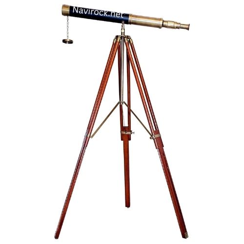 Vintage Brass Nautical Telescope with Wooden Tripod Stand, Black Leather Wrapped Spyglass, Floor Standing Maritime Decor, Antique Style Observation Scope for Living Room, Office & Study