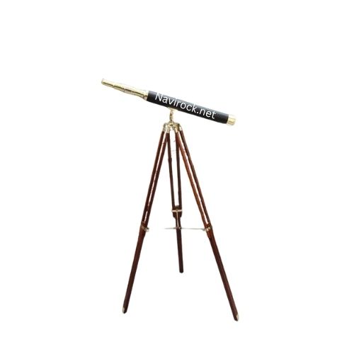 U.s. Navy Vintage Brass Telescope With Black Leather & Wooden Tripod Nautical Marine Decorative Floor Stand For Decorative For Home & Office Decor - Application: Null