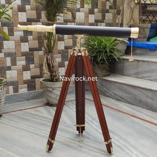 U.S. Navy Vintage Brass Telescope with Black Leather & Wooden Tripod Nautical Marine Decorative Floor Stand for Decorative for Home & Office Decor
